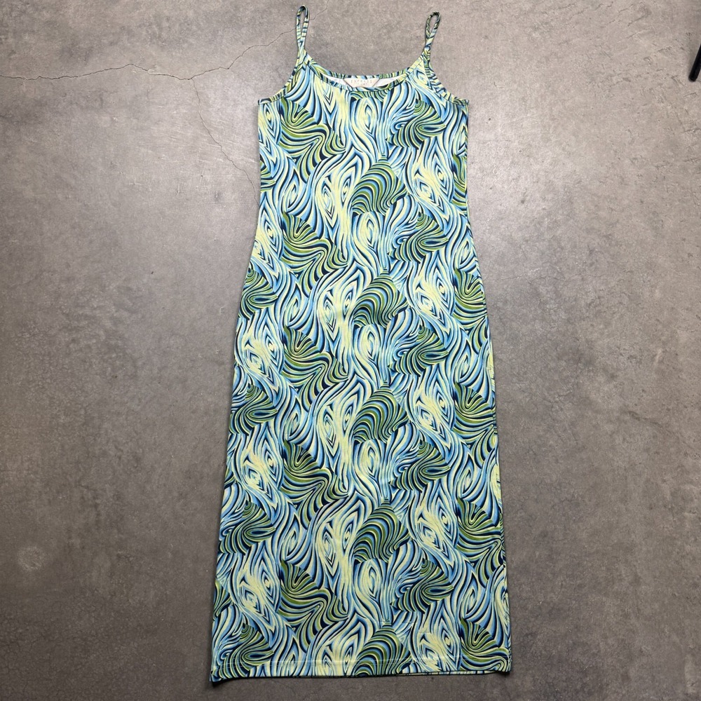 VTG Express Tricot Shift Dress Womens S‎ Green Preowned Midi Sleeveless Swirl
